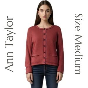 Ann Taylor - Burgundy Cardigan Sweater - Trim Detail Front Pockets - Size Medium